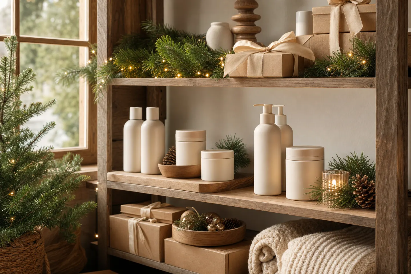 A shop shelf dressed for winter with pine sprigs, warm string lights and wrapped gifts