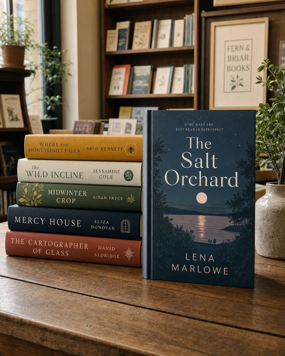 A stack of hardback novels with The Salt Orchard face-out on a bookshop table