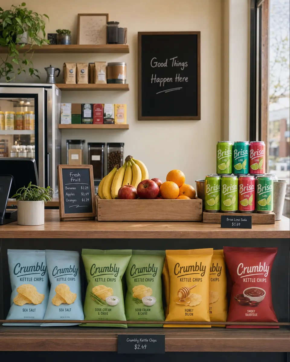 A corner-shop counter with fruit, Crumbly kettle chips and Brisa soda cans