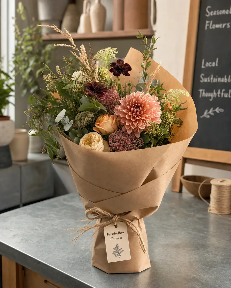 A bouquet in kraft paper with a Fernhollow Flowers tag on a zinc counter