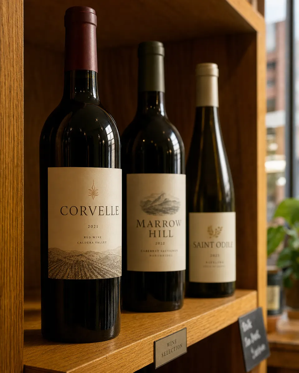 Corvelle, Marrow Hill and Saint Odile wines on an oak shelf