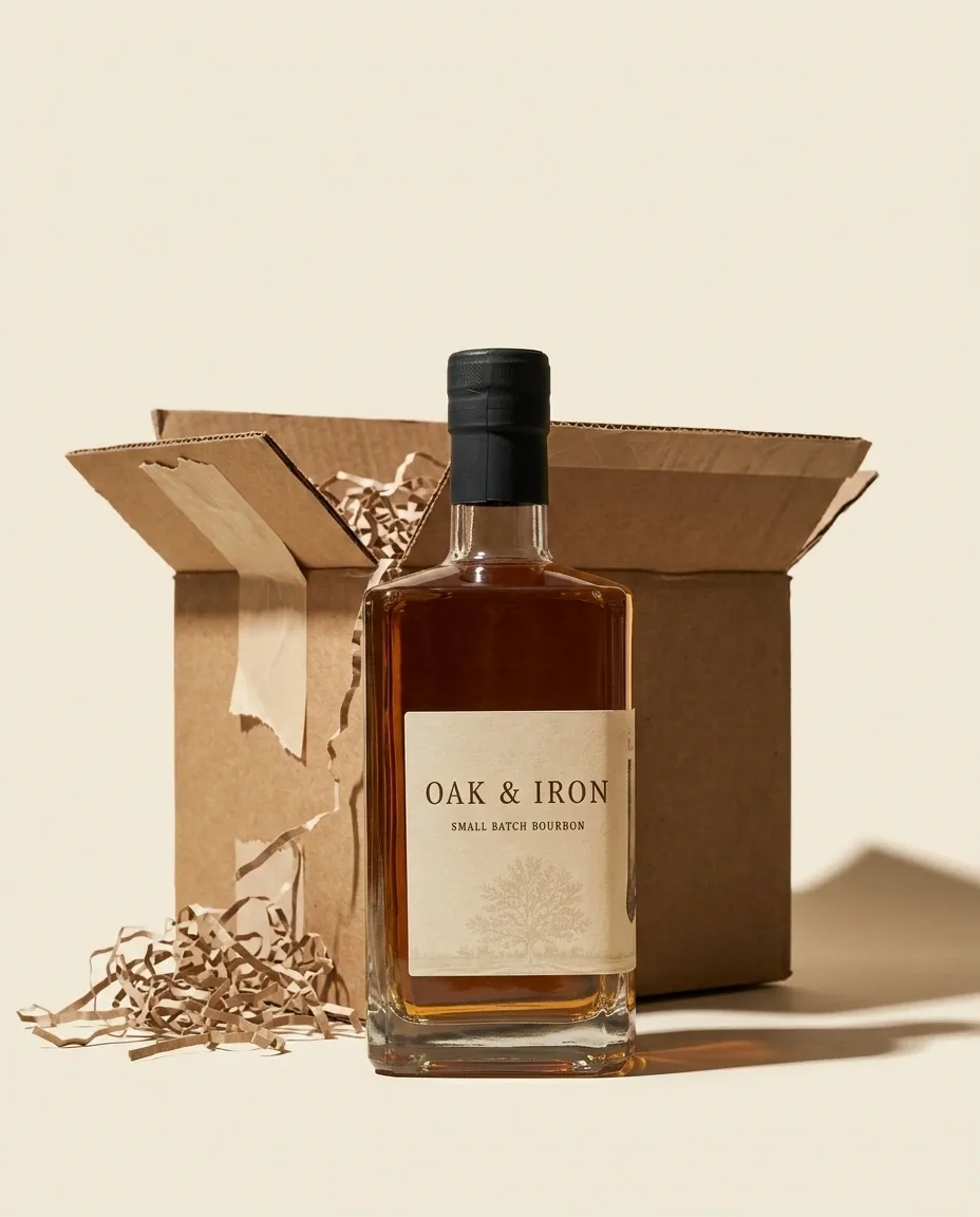 A bourbon bottle beside the open carton it was unpacked from