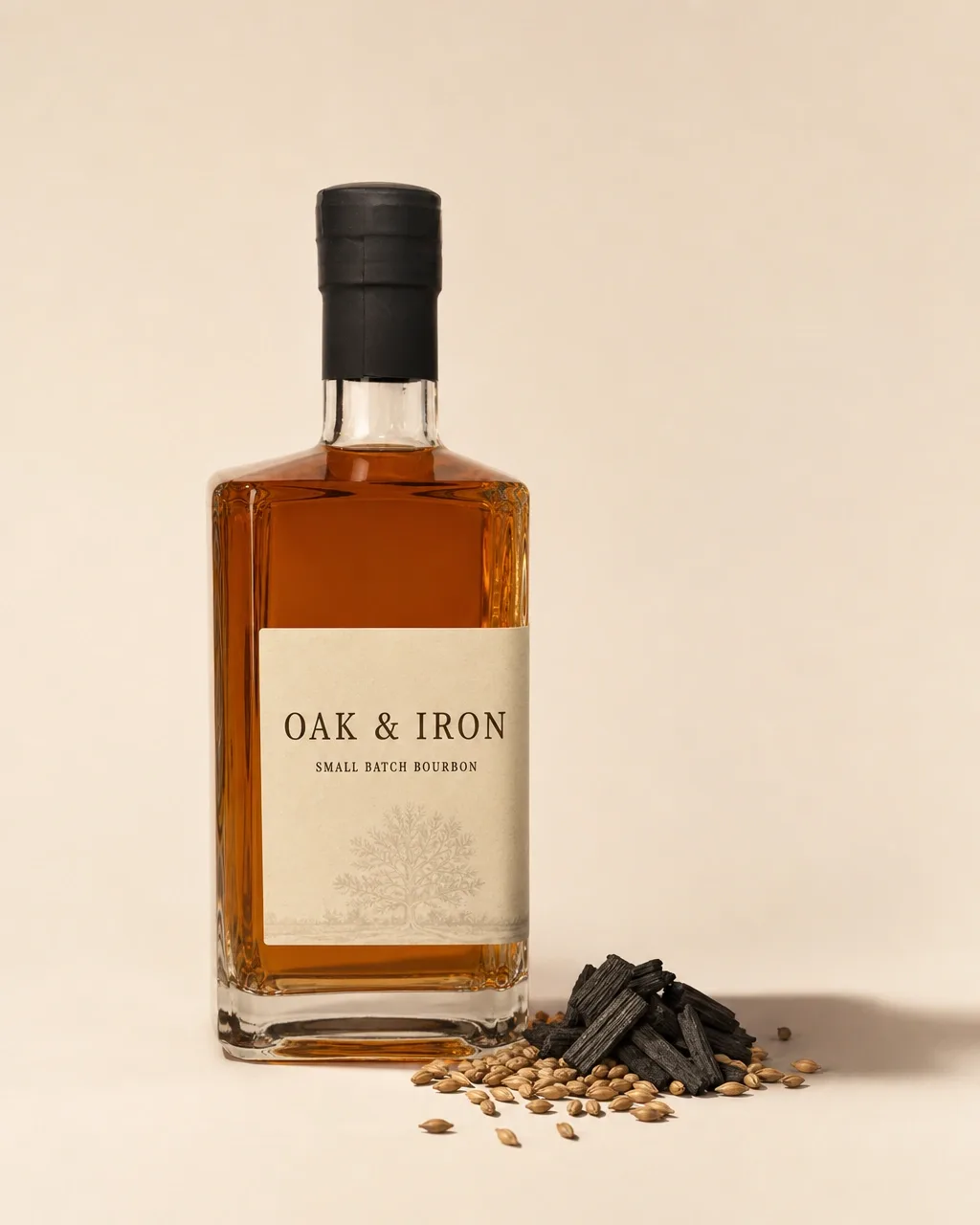 A bourbon bottle beside charred oak chips and barley grains