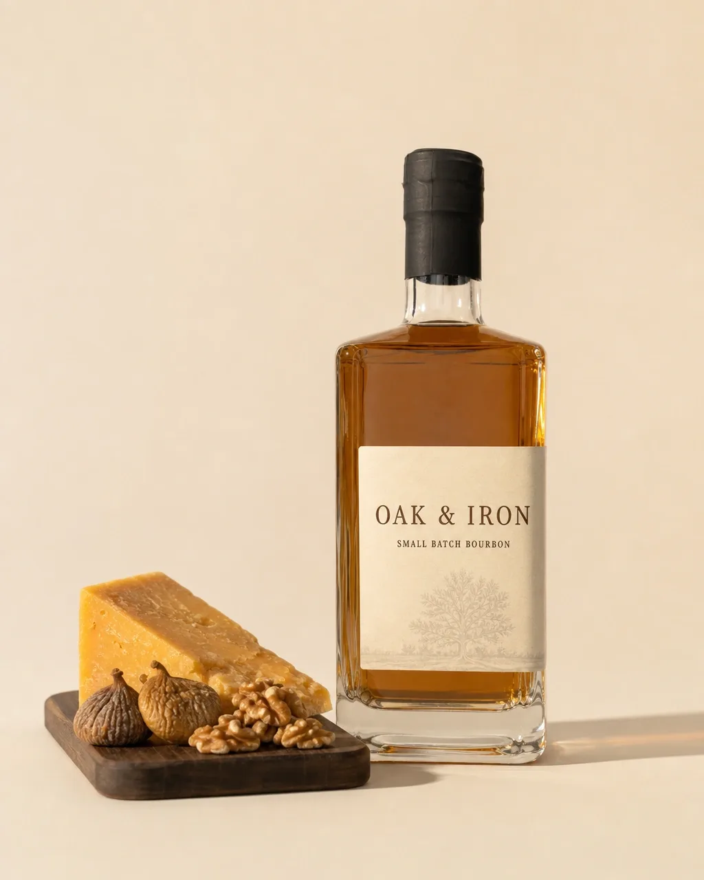 A bourbon bottle beside a board of aged cheddar, walnuts and figs