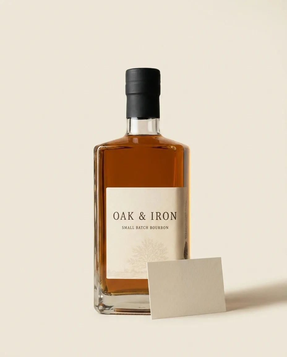 A bourbon bottle with a blank shelf card leaning against it