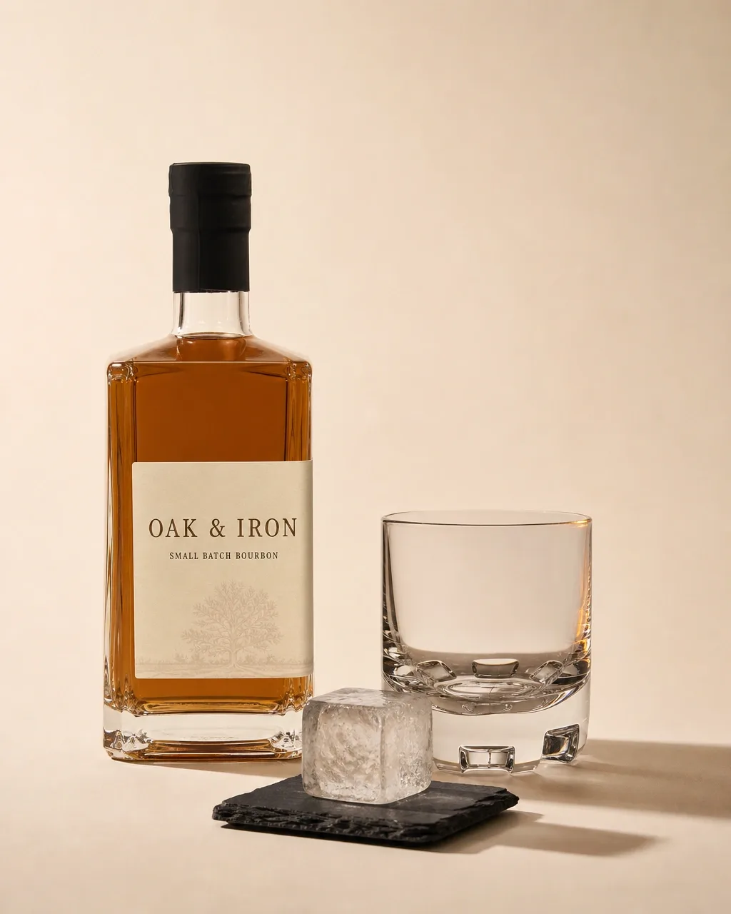 A bourbon bottle beside an empty tumbler and one large ice cube
