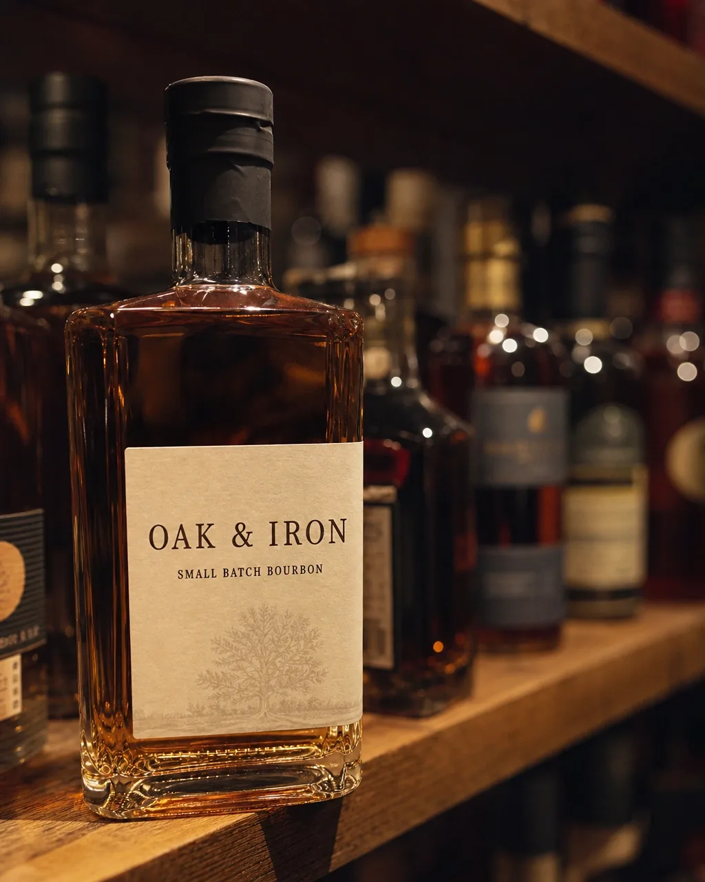 A bourbon bottle on a timber shelf, sharp against softly blurred neighbours