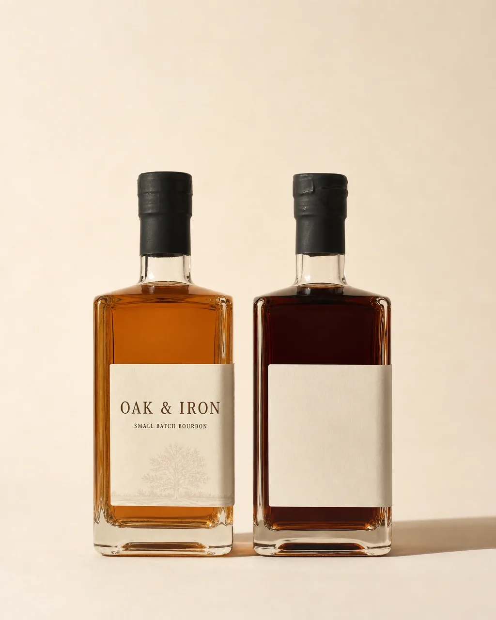 A bourbon bottle beside a second bottle for comparison