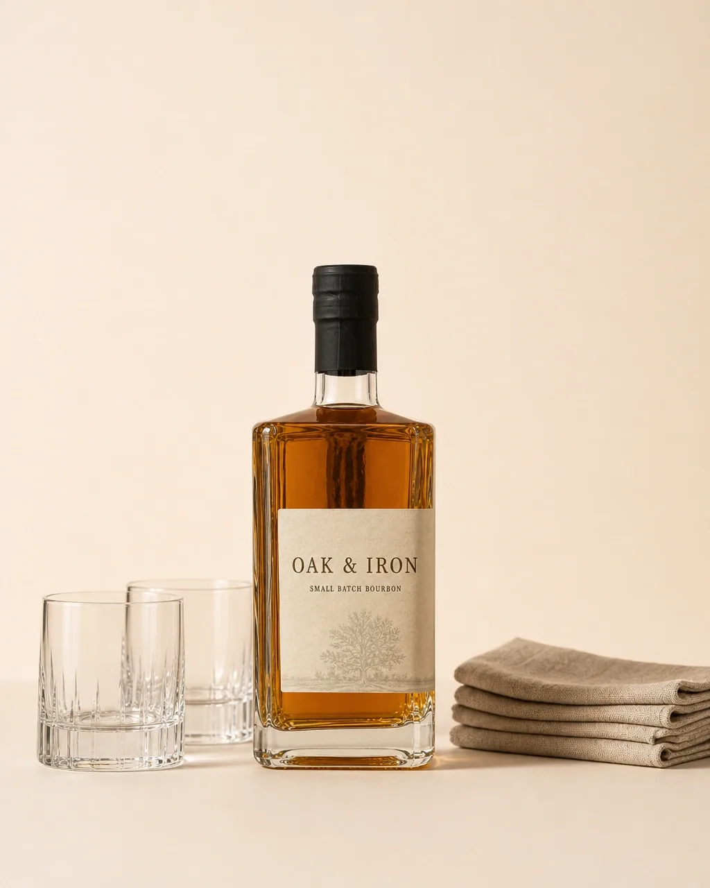 A bourbon bottle with two empty glasses and folded napkins