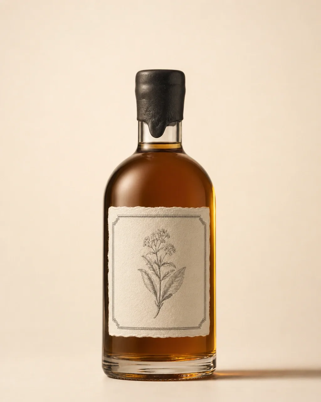 A close crop of a bottle showing its paper label in detail