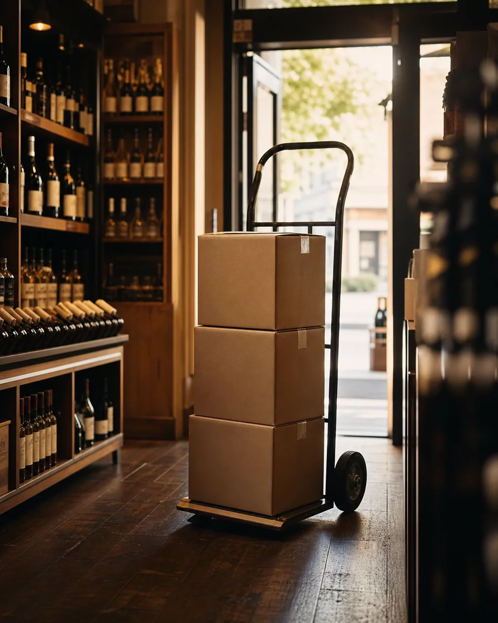 A hand truck of stacked cases just inside a liquor store door