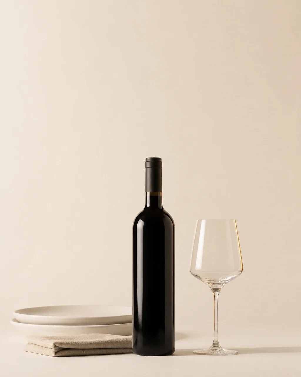 A red wine bottle beside stacked plates, a napkin and an empty glass