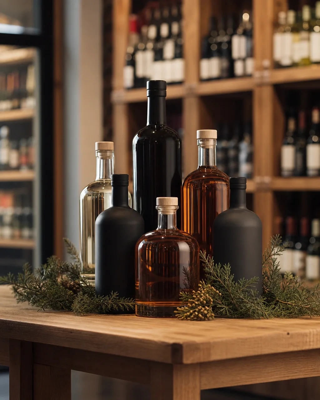 A seasonal display being built on a table near the front of a liquor store
