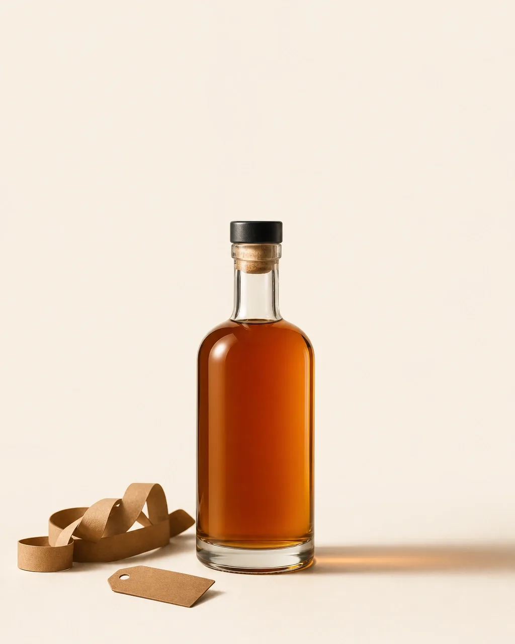 A spirits bottle beside coiled paper ribbon and a blank kraft tag