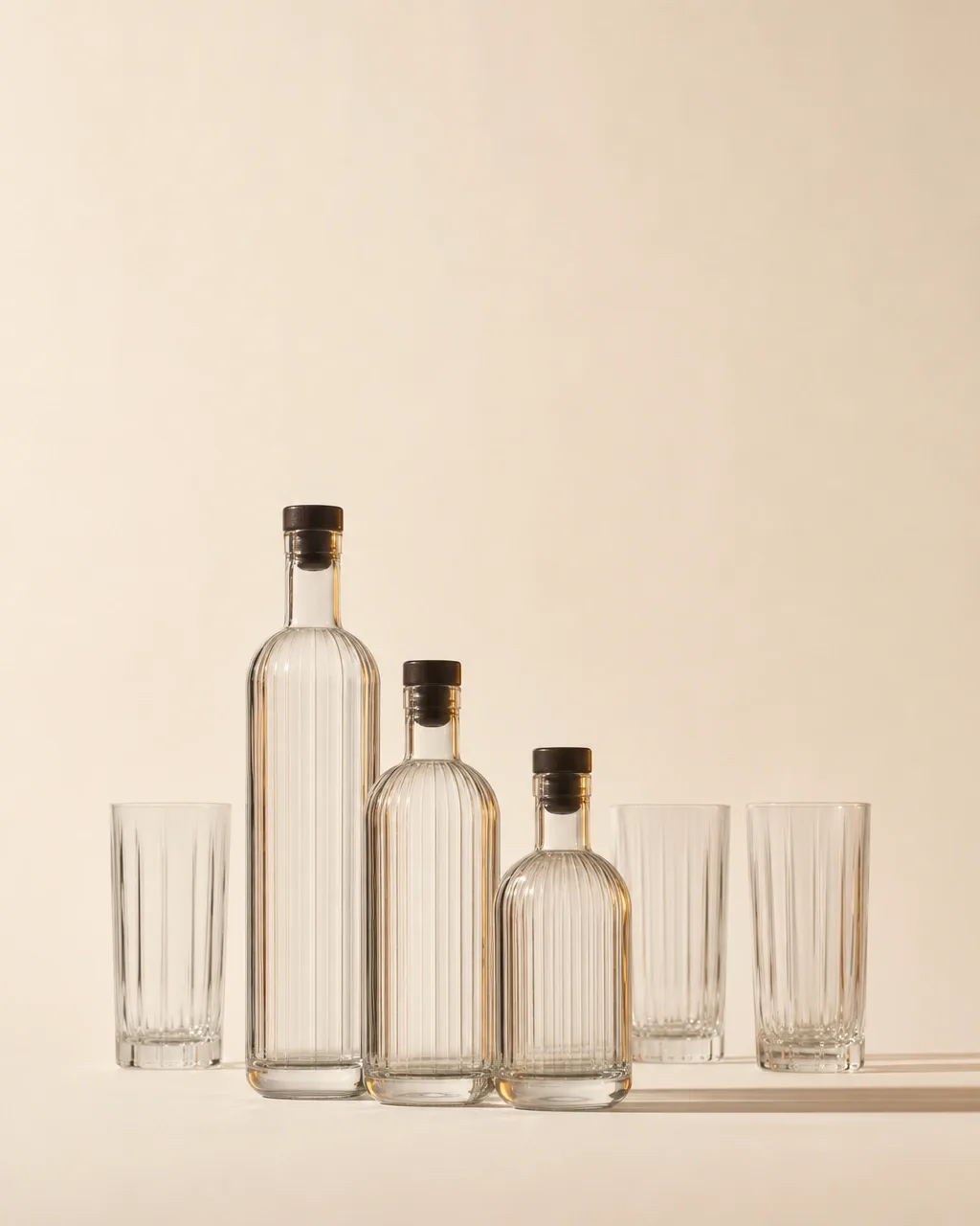 Three bottles grouped together with four empty glasses behind them