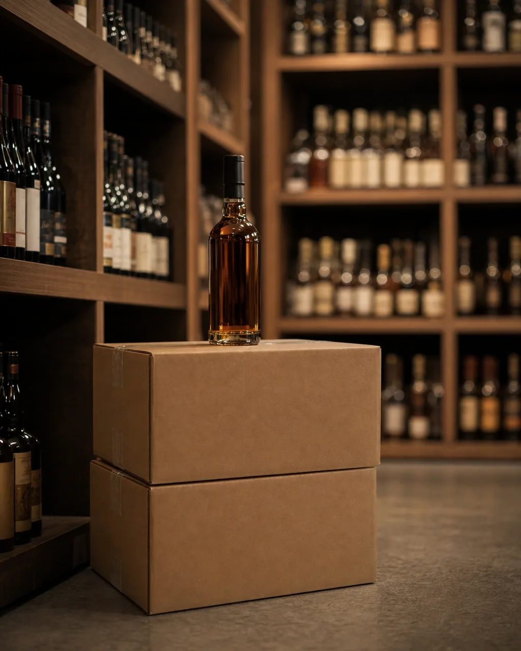 Two stacked shipping cases in a stockroom with a bottle standing on top