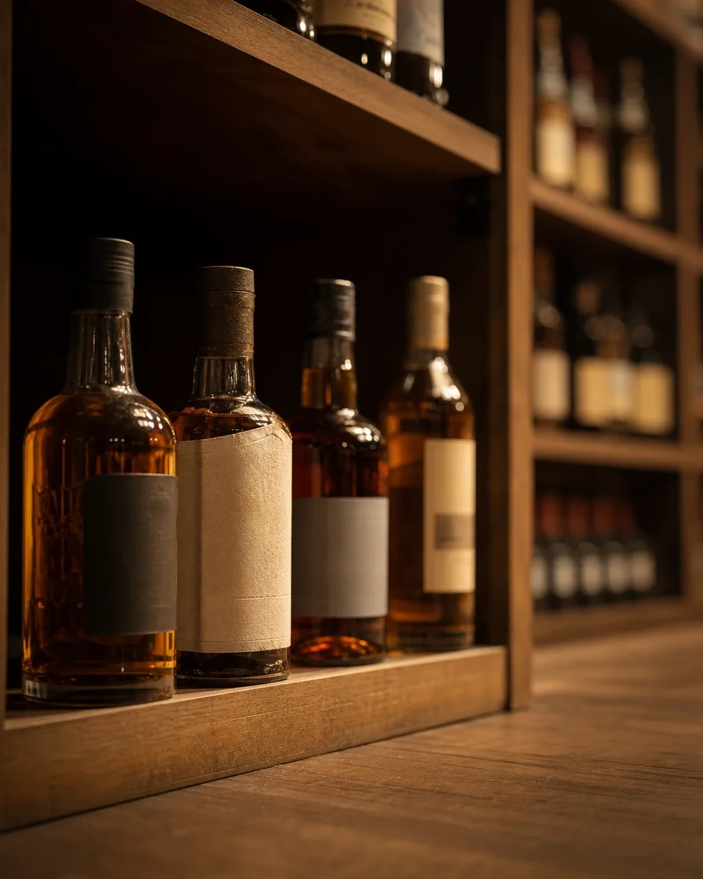 The lower shelf of a liquor store seen from a low angle