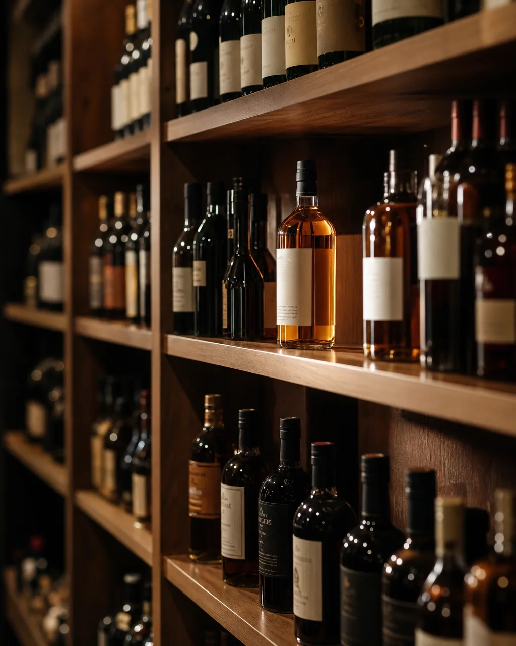 A run of shelving with one bottle lit and in focus among the rest