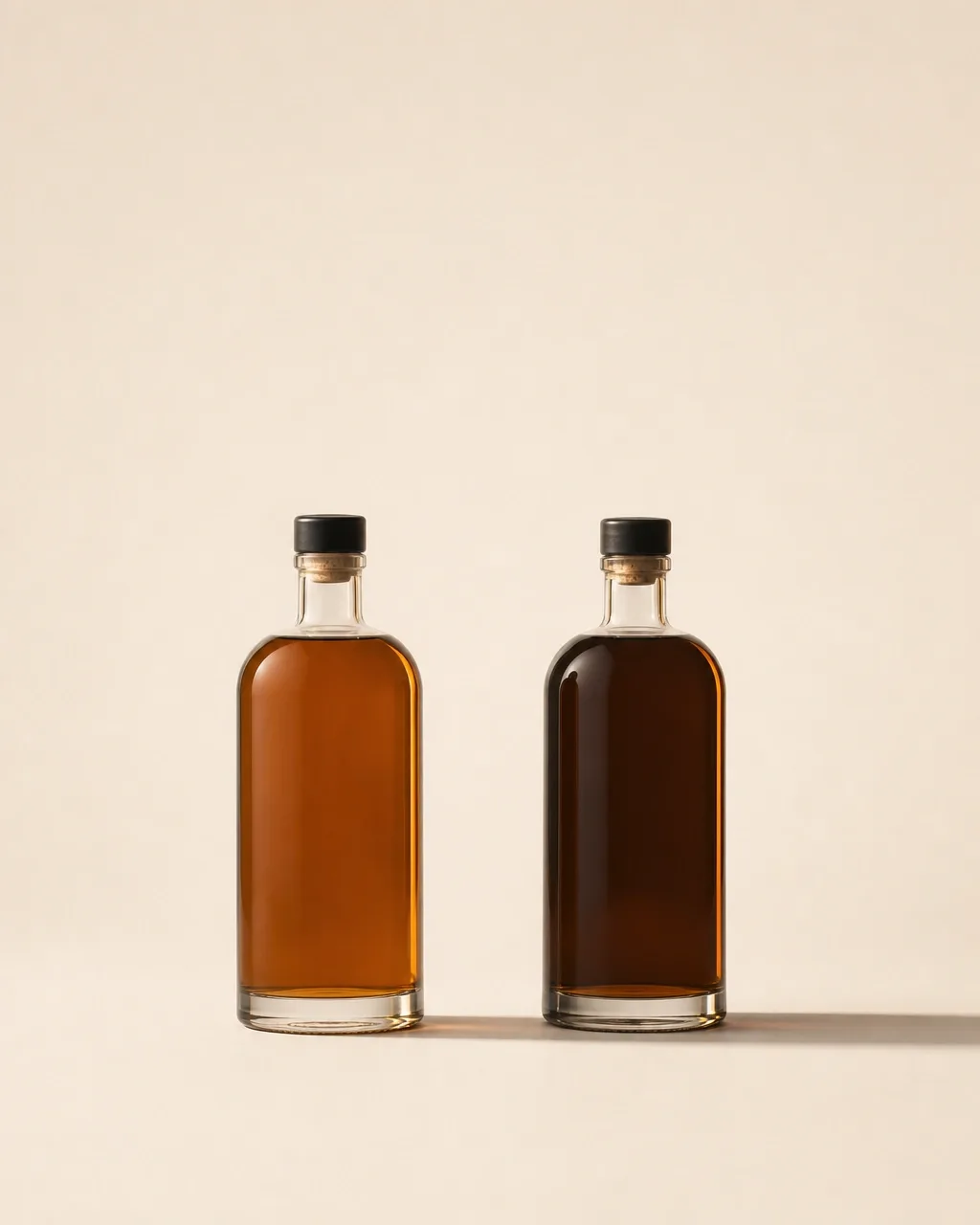 Two bottles standing side by side, lit identically