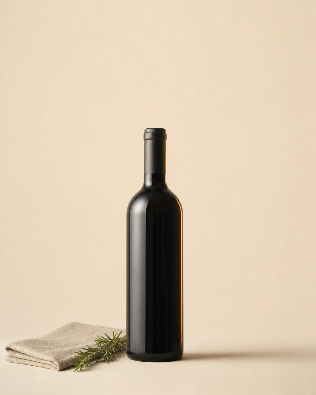 A wine bottle with a linen napkin and a sprig of rosemary