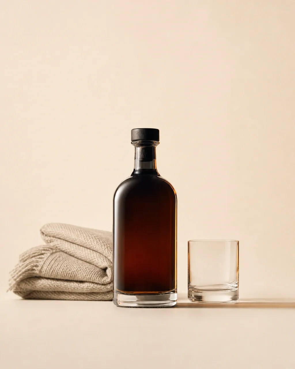 A dark spirits bottle beside a folded wool throw and an empty tumbler