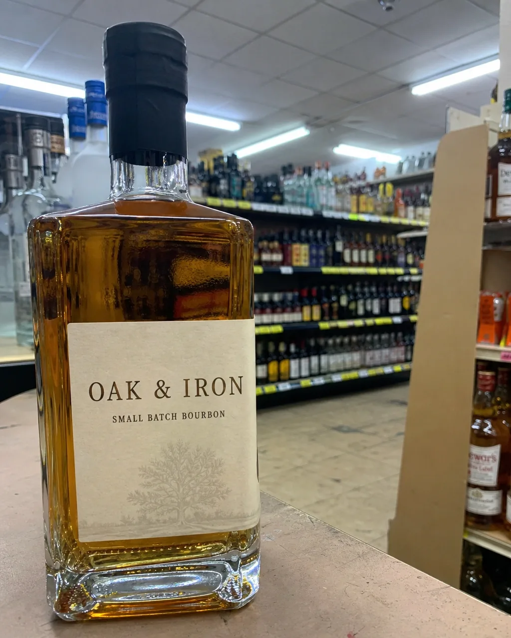 An unedited phone photo taken inside a liquor store
