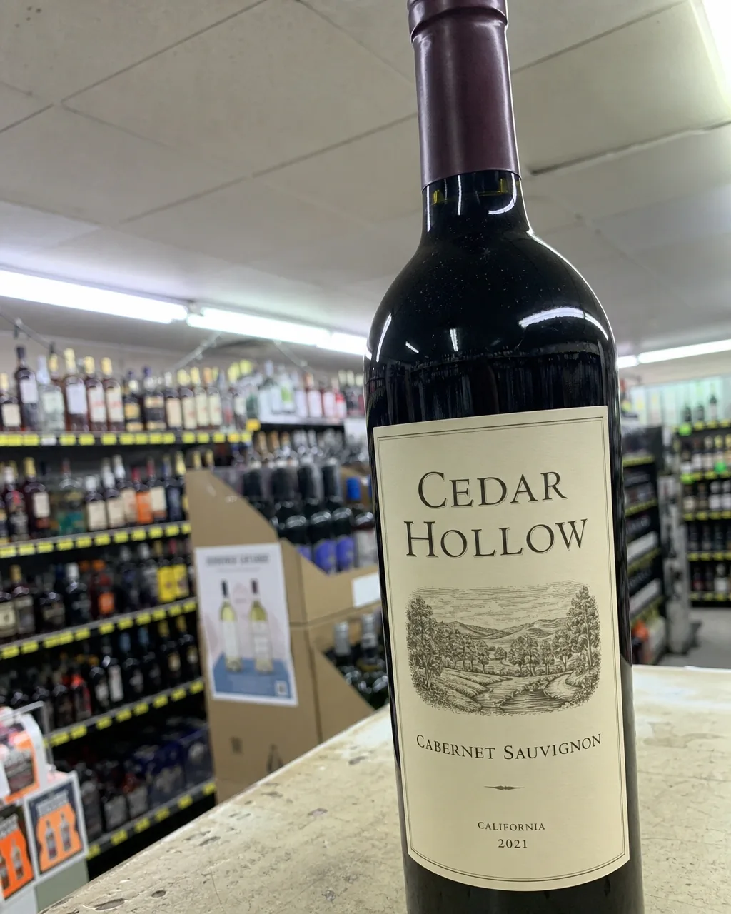 An unedited phone photo taken inside a liquor store