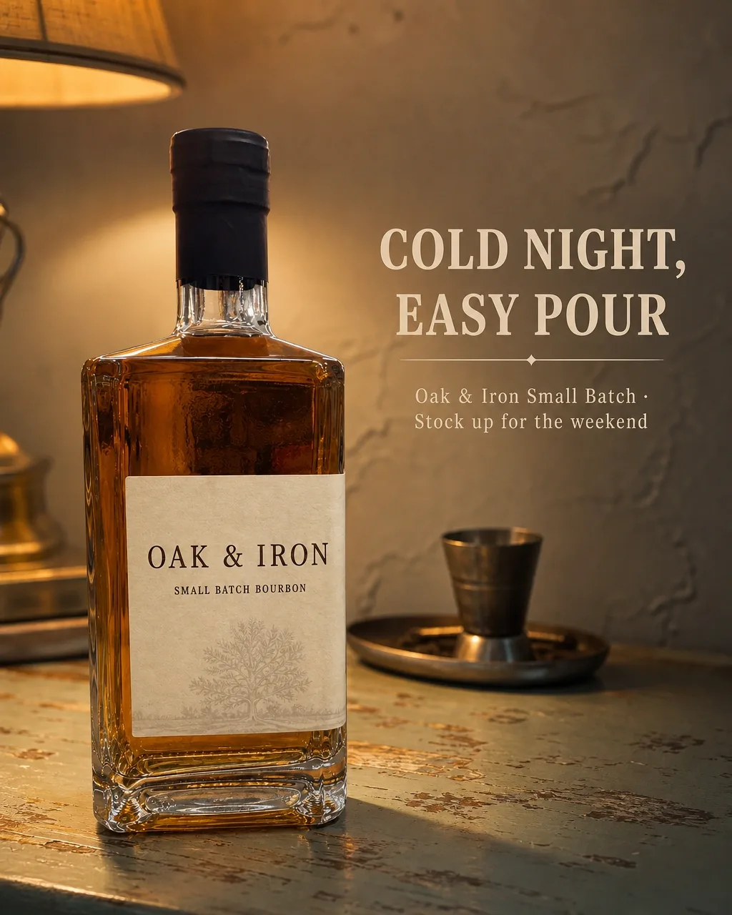 A cold-snap post for a wine shop: a bourbon bottle under warm lamplight on a worn counter
