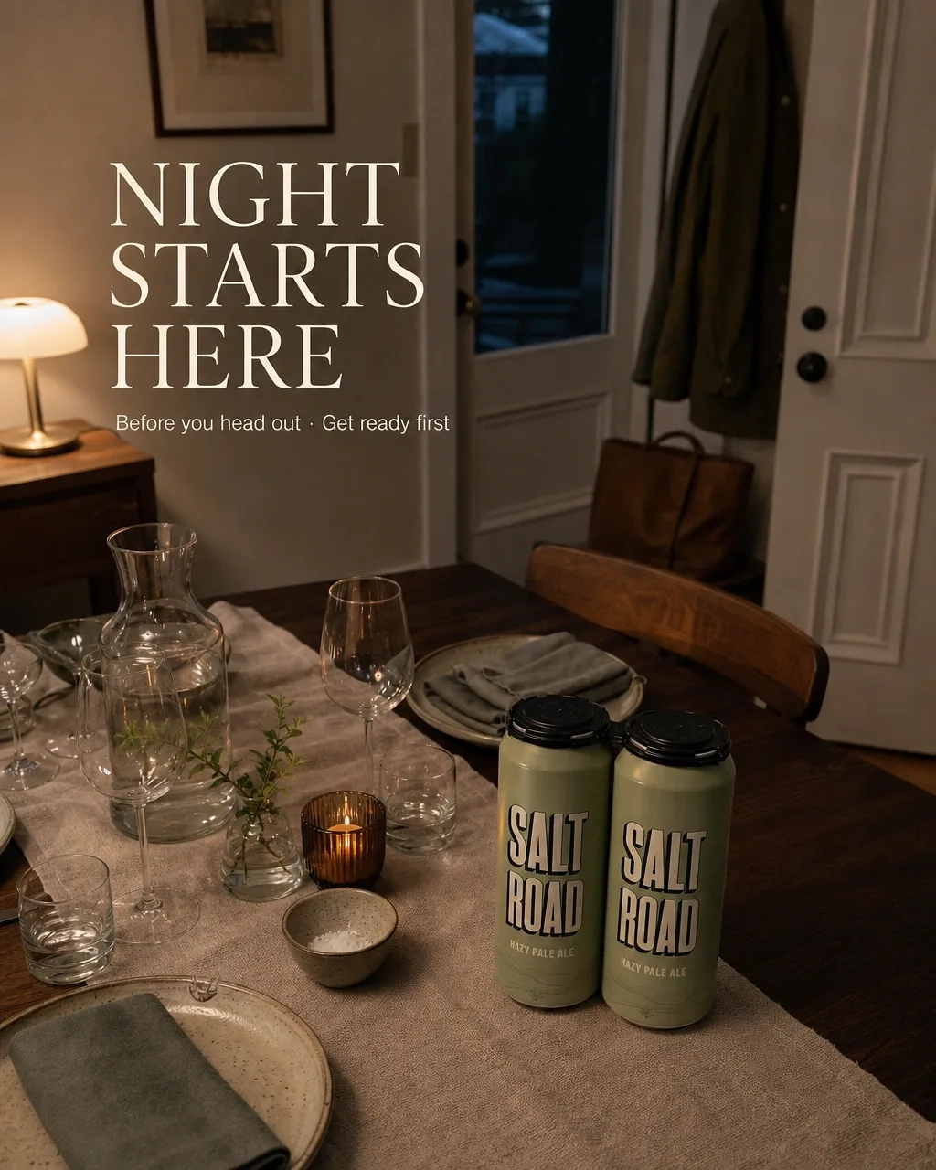 A finished post for a busy Friday night: two Salt Road pale ale cans on a laid table by the door, captioned The night starts here