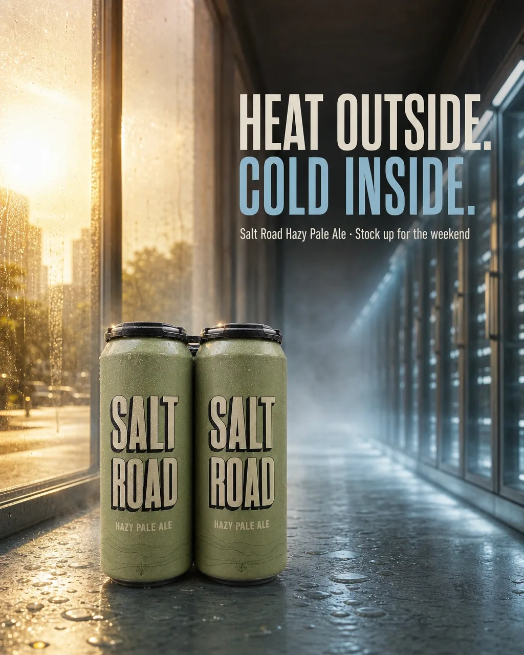 A hot-Saturday post for a bottle shop: chilled cans in a cooler aisle with hard sunlight on the street outside