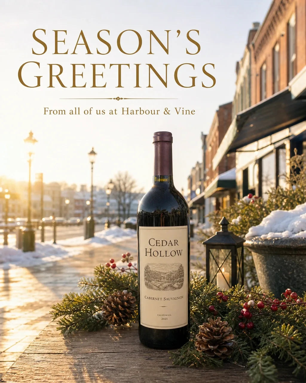 A gifting-day post for a bottle shop: a cabernet bottle on a snowy street with greenery and a lantern