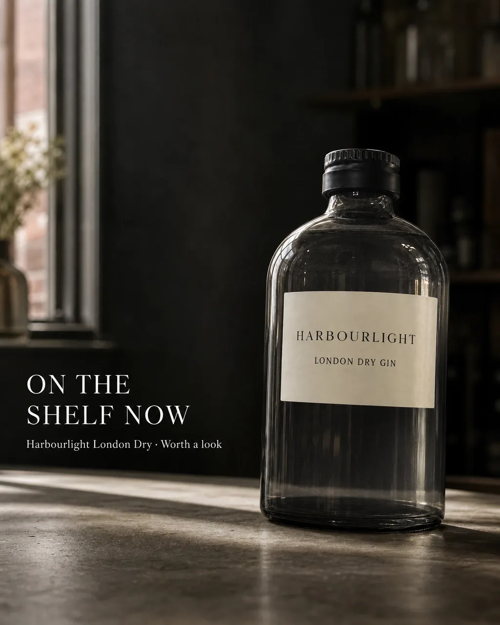 A post for a bottle that had never been featured: a London dry gin bottle on a plain counter in low light