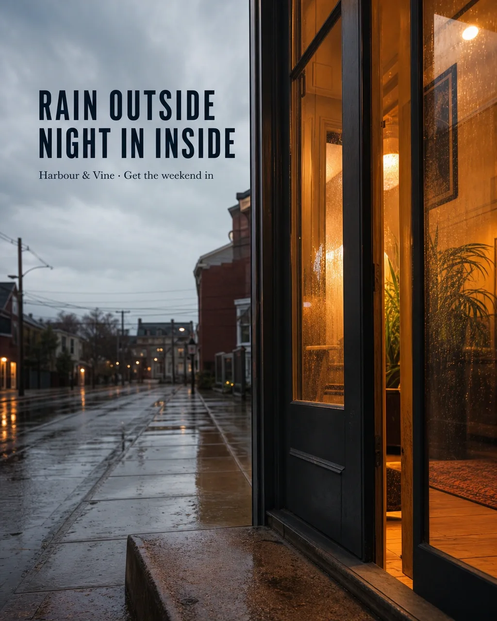 A finished post for a wet Saturday: a rain-soaked street and a warmly lit shop doorway, no product in frame
